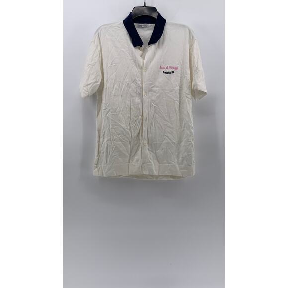 ZARA Men's White-Navy Bai Di Paraggi Embroidered Button-Up Polo Shirt SZ M - Picture 1 of 10
